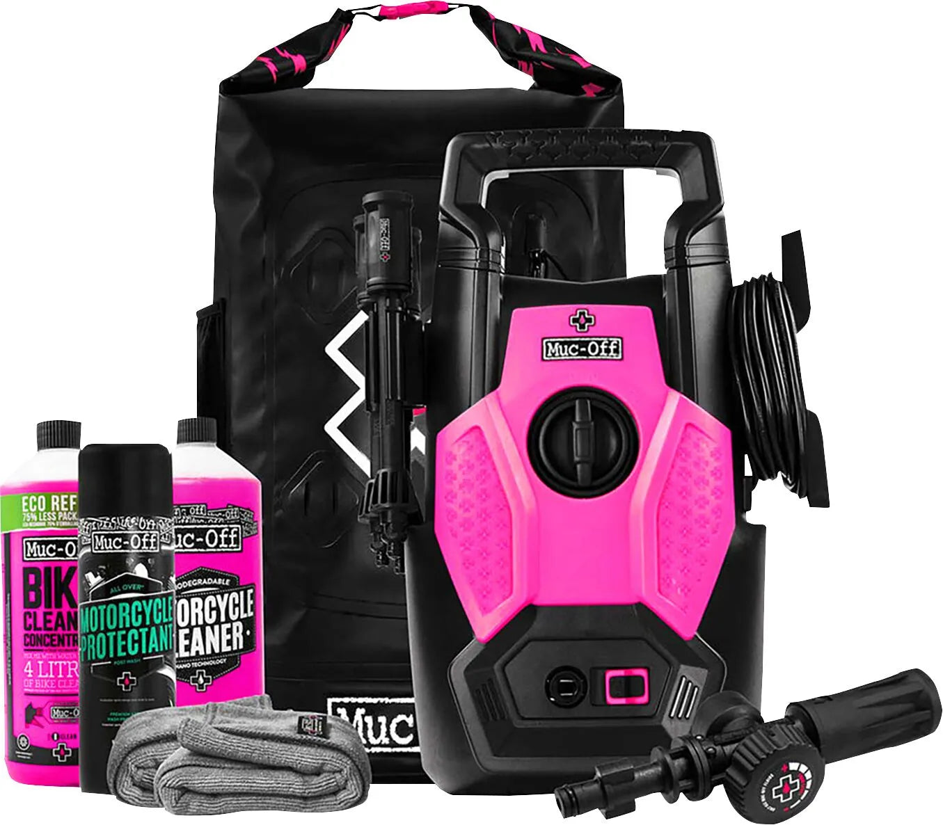 Pink and black pressure washer with accessories on a white background