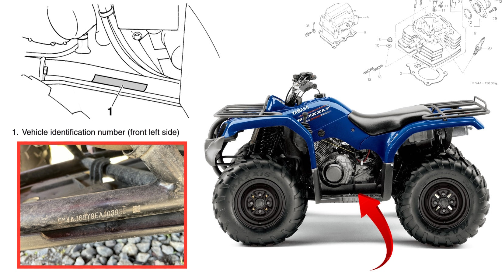Image shows the location of the VIN number on a Yamaha Grizzly 350 ATV