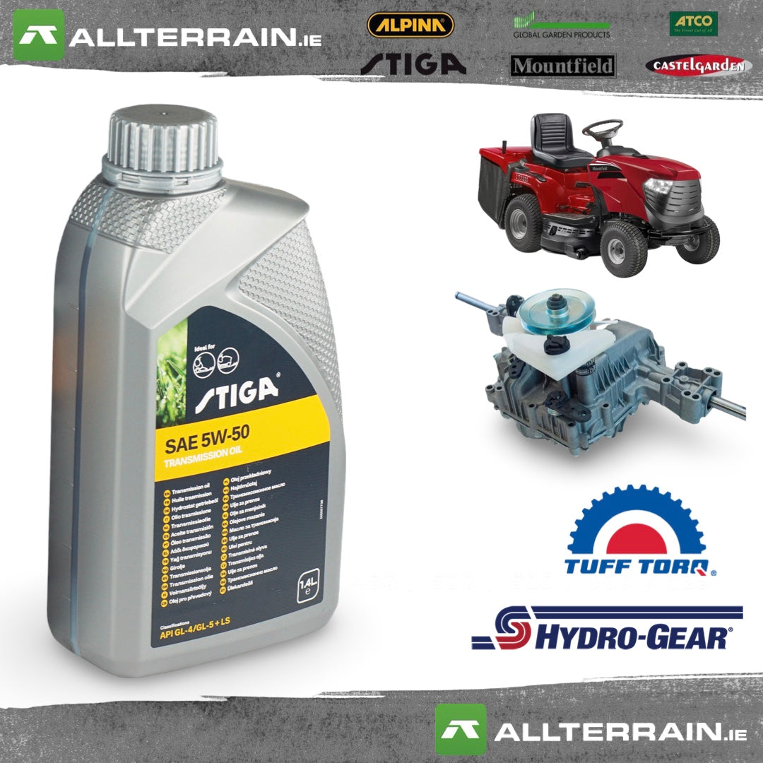A bottle of STIGA SAE 5W-30 All-Terrain Lube Oil shown on a white background, alongside a red riding lawn mower, an engine block, and logos for Tuff Torr, Hydro-Gear, STIGA, ALLTERRAIN.IE, Alpink, Design Garden Products, ATOO, and Mountfield.